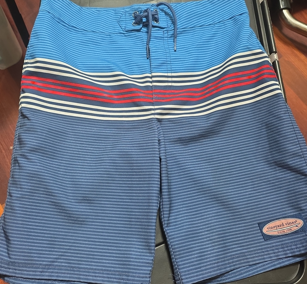 Vineyard Vines Blue and Red Striped Boys Swim Board Shorts